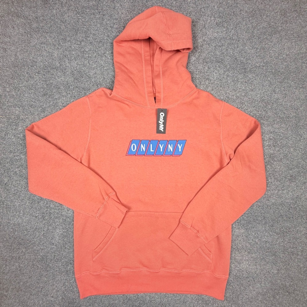 Only‎ NY Mens Graphic Hoodie Orange Coral Block Logo Made in Canada Size M NWT